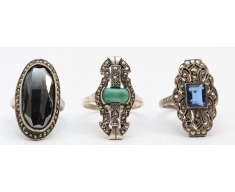 Three silver marcasite rings, sizes O, K, R, 18gm. 