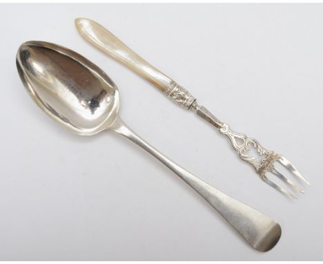 A Victorian silver serving spoon, Newcastle 1851, 64g, together a Victorian silver pickle fork, with a mother of pearl handle