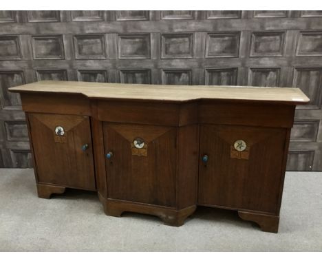 EARLY 20TH CENTURY MAHOGANY BREAKFRONT SIDEBOARD SECTION, of secessionist design, three hinged doors, each inlaid with mother