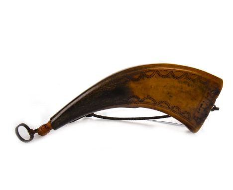 18TH CENTURY HORN POWDER FLASK, the end engraved 'A T 1731' to each side, with replacement cap, 19cm long
