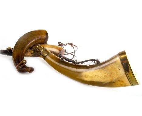 19TH CENTURY HORN POWDER FLASK, with brass mounts, 26cm long, along with two other horn powder flasks (3)