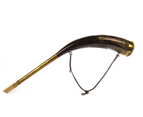 19TH CENTURY CONTINENTAL HORN POWDER FLASK, with brass mounts, extended brass spout, with horn screw cap, 47cm long