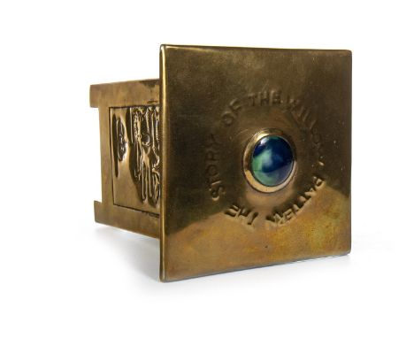 GLASGOW SCHOOL BRASS TEA CADDY, the hinged lid with central blue and green coloured cabochon, inscribed 'The Story of the Wil