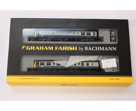 An N gauge Graham Farish by Bachmann 371.877 class 108 DMU BR blue grey two car set, boxed 