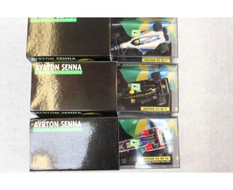 Ayrton Senna racing car collection Minichamps 1/43 scale edition 43, No's. 7, 9 and 10, boxed 