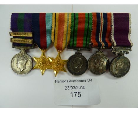 A set of mounted six miniature medals, GSM 1918-62 with Malaya and Palestine claps, 39-45 and Africa Stars, Defence and War m