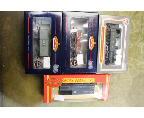 Dapol 0-4-2T GWR 1466, a pair of Bachmann wagons and a Hornby Guards van, all boxed 