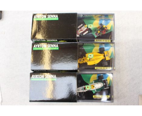 Ayrton Senna racing car collection Minichamps 1/43 scale edition 43, No's. 14, 15 and 16, boxed 