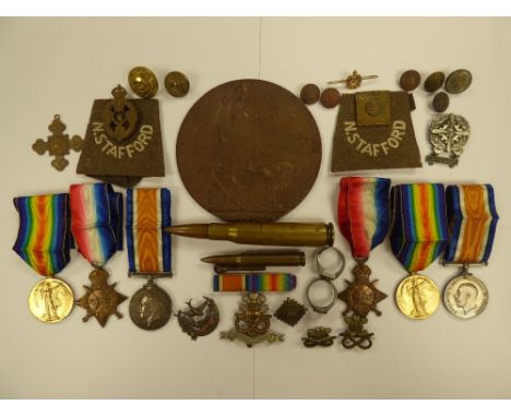 World War One medal groups x 2 to brothers, a memorial group of four and memorial plaque to George Leigh in cardboard box of 