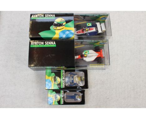 Ayrton Senna racing car collection Minichamps 1/43 scale edition 43, No's. 32 and 33 and two boxed Senna figures 