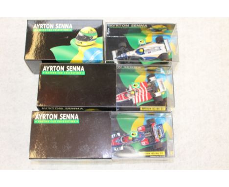 Ayrton Senna racing car collection Minichamps 1/43 scale edition 43, No's. 20, 21 and 22, boxed 