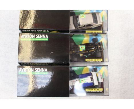 Ayrton Senna racing car collection Minichamps 1/43 scale edition 43, No's. 11, 12 and 13, boxed 