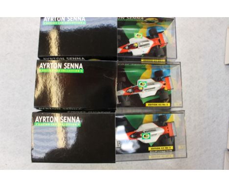 Ayrton Senna racing car collection Minichamps 1/43 scale edition, No's. 1, 2 and 3, boxed 