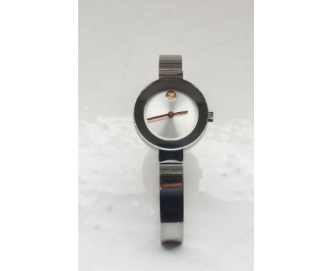 LADIES MOVADO BOLD ICONIC WRISTWATCHthe silvered dial with a single gold marker at 12, on stainless steel bracelet strap