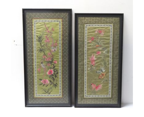 THREE 20th CENTURY CHINESE EMBROIDERED PANELSdepicting birds in a tree, waterfowl by a pond and fish swimming, each approxima