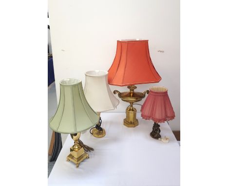 LARGE BRASS TABLE LAMPraised on an octagonal base with an Aladdin lamp style body and coral shaped shade, 78.5cm high; two br