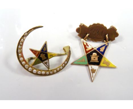TWO SMALL EASTERN STAR NINE CARAT GOLD AND ENAMELLED BADGESone with seed pearl set crescent, approximately 5.4 grams