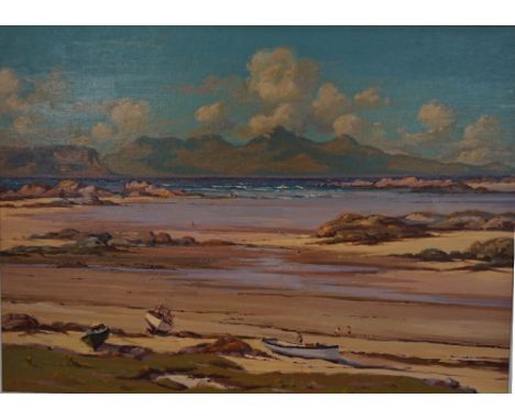 R FORSYTHIslands of Eigg and Rhum from Ariscaig, oil on canvas, signed, 58cm x 79.5cm 