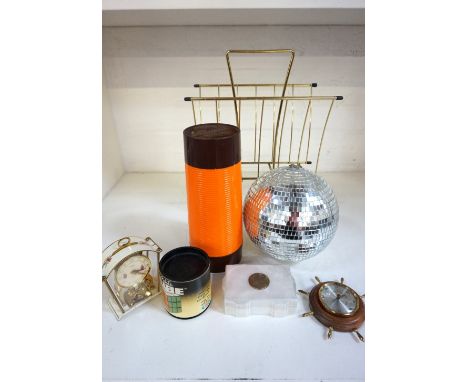 LOT OF MIXED COLLECTABLESa mirror ball, 20cm diameter, retro magazine stand, Rubik's Cube with box, Swedish scales, 'Aladdin'
