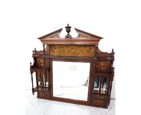 EDWARDIAN ROSEWOOD AND INLAID OVER MANTLE MIRRORwith a broken architectural pediment centred with an urn finial above a shape