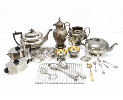 A collection of silver plate, including a nice pair of footed dishes, a small candlestick, milk jug, and Art Deco teapot and 