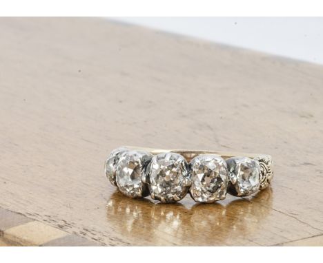 A 19th Century named and dated old cut five stone diamond ring, the diamonds in silver settings on an engraved gold shank, da