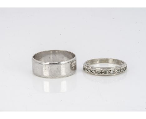 Two white gold bands, comprising a 9ct wedding of flattened form, ring size S, 7.6mm, 5.1g and a continental 750 marked diamo