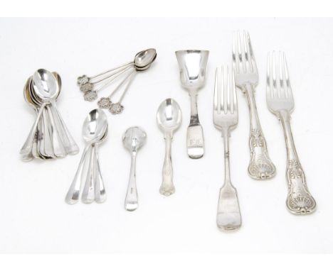 A set of thirteen c1960s silver coffee spoons, 7 ozt, together with a pair of King's pattern style dinner forks, 6.78 ozt, a 