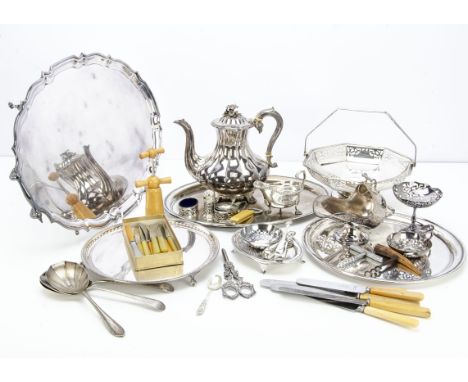 A collection of 19th &amp; 20th century silver plated items, including a large tray, one handle loose, various flatware and t
