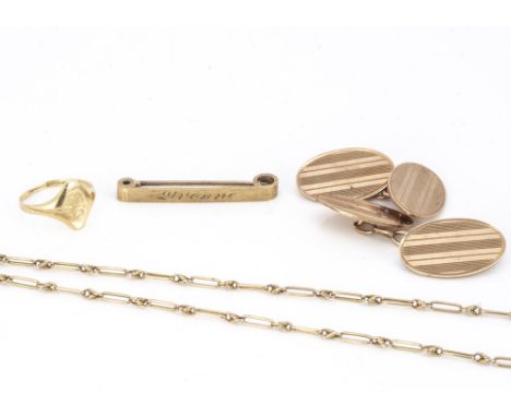 A collection of 9ct gold, including pair of cufflinks, an oval linked chain, a child's signet ring and bar brooch, 14.5g 