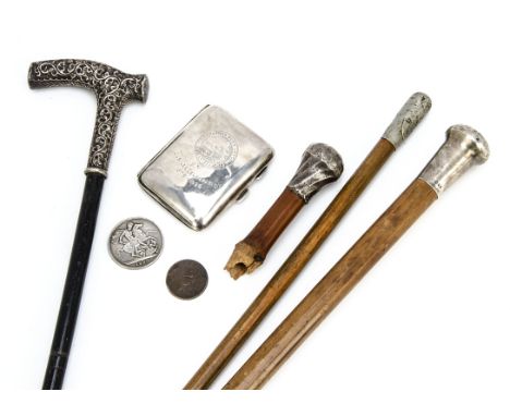 A George V silver cigarette case, with engraved front for Shepherds Bush Lodge, together with a walking cane with silver top,