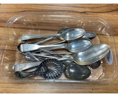 A group of silver spoons, 7.2 ozt, including a tea caddy spoon, a dessert spoon, teaspoons and salt spoons