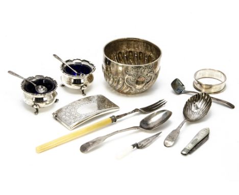 A small collection of Victorian and later silver items, including a 19th Century Irish silver caddy spoon, with damages, circ