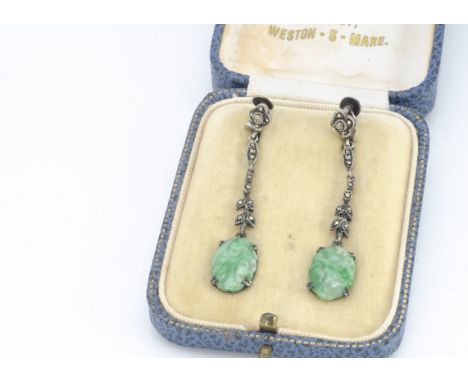 A pair of Art Deco simulated jade and marcasite silver set drop earrings, in a Weston Super Mare box, 5.6cm drop 