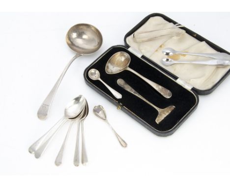 A small group of silver flatware and other items, including a cased baby feeding set, a sauce ladle and more, 6.4 ozt 