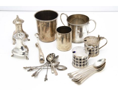 A collection of silver, including a silver sugar basin, a nice set of six coffee spoons, a pair of peppers, a pair of mustard