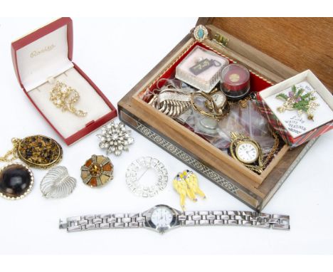 A collection of costume jewellery, including a lady's gold cased wristwatch with expanding rolled gold strap, paste set clust