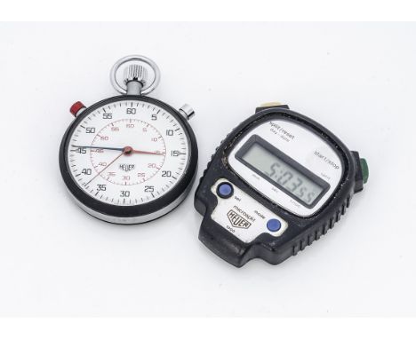 Two Heuer stopwatches, one manual wind, running red button working but reset not functioning, and another digital example (2)