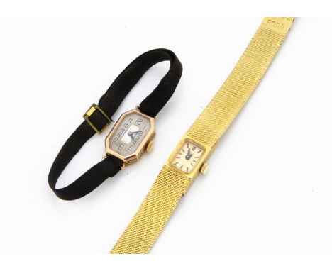 An Art Deco period 9ct gold cased lady's wristwatch, on black cotton strap, together with a Rotary gold plated example in box