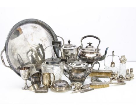 A collection of silver and silver plate, including a small silver cigarette case, a silver napkin ring, a silver clothes brus