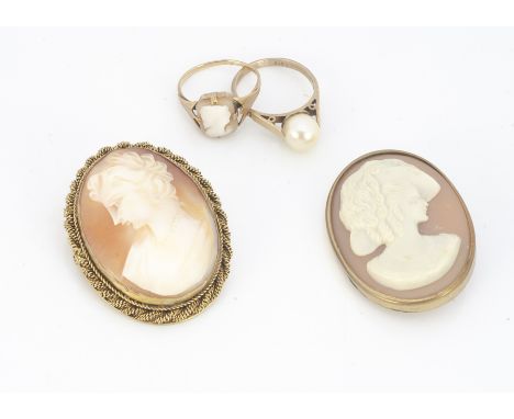 A shell cameo brooch, with profile of young woman, with gilt metal rope twist border, another simulated cameo brooch, a 9ct g