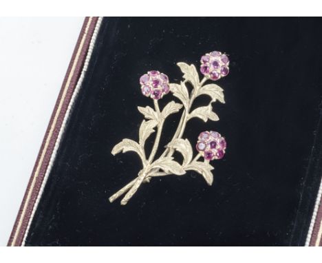 A 9ct gold ruby floral spray brooch, the gold engraved leaves and stems supporting ruby set flower heads, boxed, 5.5cm x 3.5c