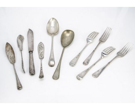 A harlequin set of twelve George III and Victorian forks, 25.1 ozt, old English pattern, various years and makers, together w