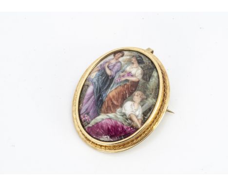 A continental porcelain and yellow metal oval brooch and pendant, the painted panel decorated with three females, painted in 