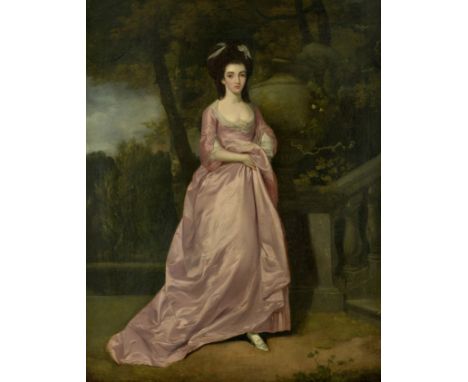 Attributed to Francis Wheatley R.A. (London 1747-1801)Portrait of a young lady, full-length, in a pink dress, standing in a l