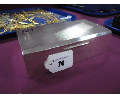 A Hallmarked Silver Cigarette Box, Walker &amp; Hall, Sheffield 1955, of rectangular form, the engine turned lid initialled "