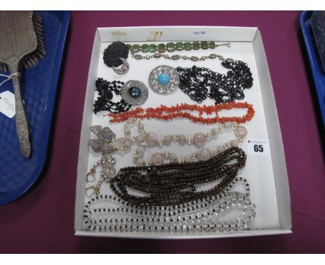 A Twig Coral Necklace, a XIX Century brooch, marcasite set bow brooch, Ruskin style ceramic inset brooches, micromosaic brace