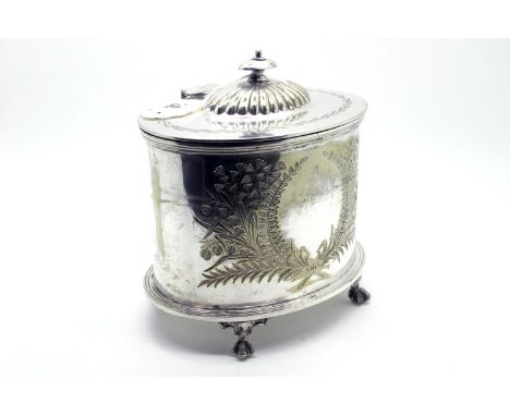A W. Mammatt &amp; Sons Plated Caddy, of oval form, with foliate decoration, raised on four ball and claw feet, base 14.8cm. 