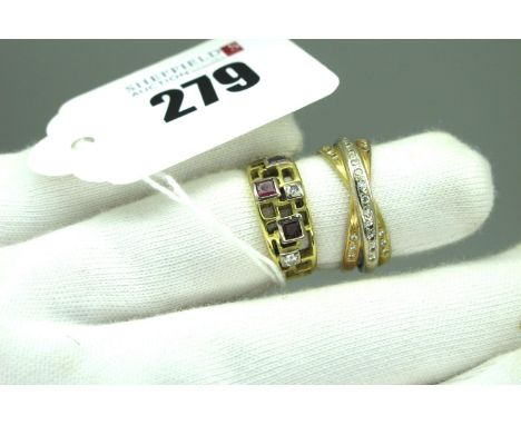 An 18ct Gold Diamond Set Dress Ring, of geometric abstract design rubover set (finger size K) (4.5grams); A Modern Three Colo