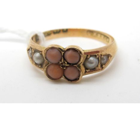 A Victorian 15ct Gold Coral Coloured and Seed Pearl Set Dress Ring, (finger size J/K), (1.5grams).